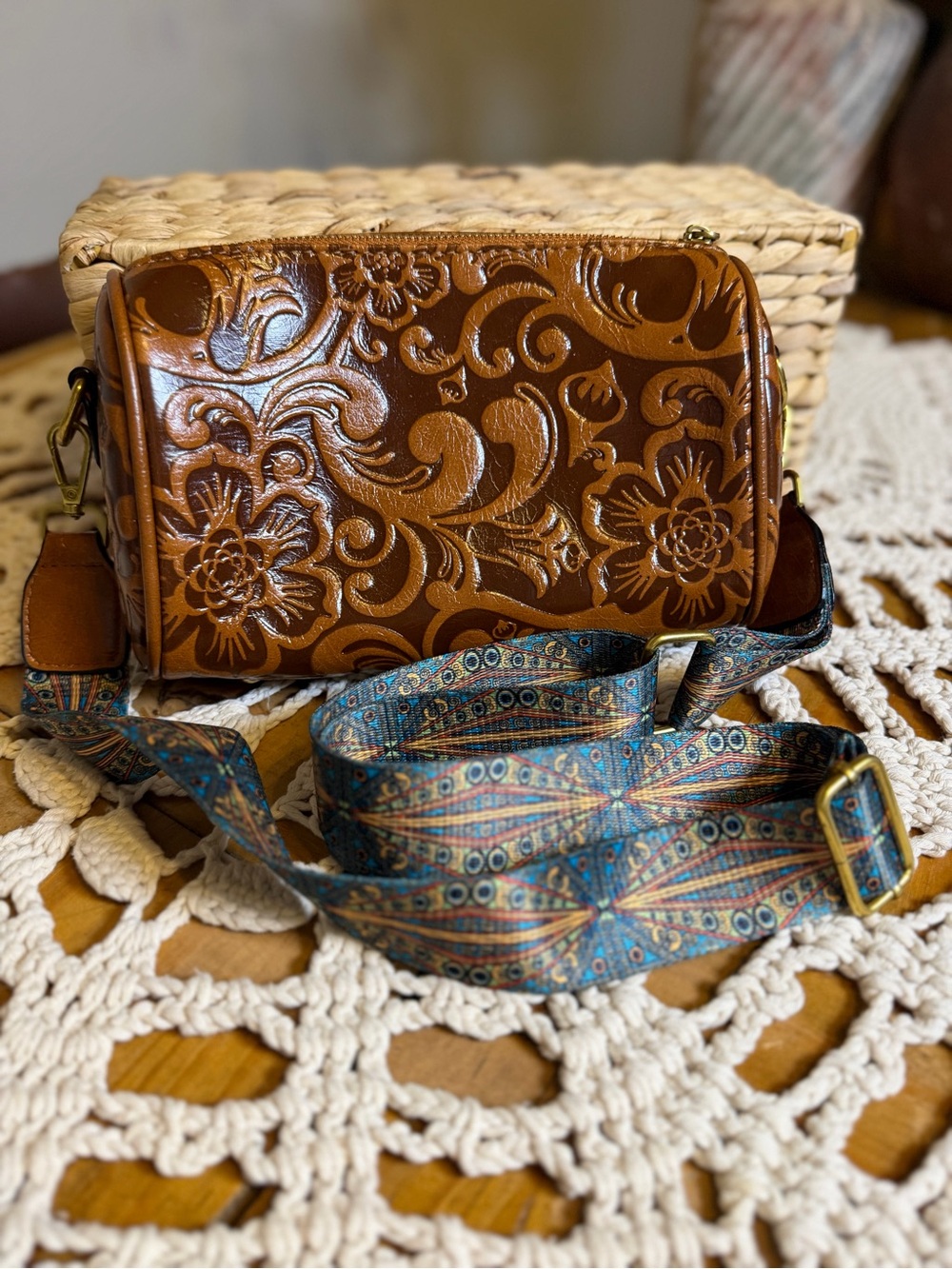 Western Brown Tooled Floral Crossbody Bag Boho Woven Strap Cowgirl Purse